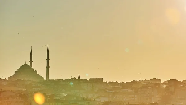 Silhuetten av en moskén Fatih i en dimma och solljus reflektioner. Vintage stil. — Stockfoto