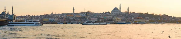 Tourist boat sails on the Golden Horn in Istanbul at sunset, Turkey. — Stock Photo, Image