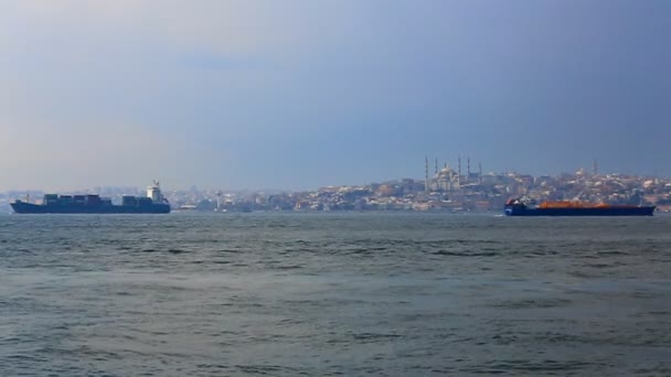 Deniz trafiğinin içinde boğaz. İstanbul Boğazı gemilerle. Istanbul. Türkiye. — Stok video