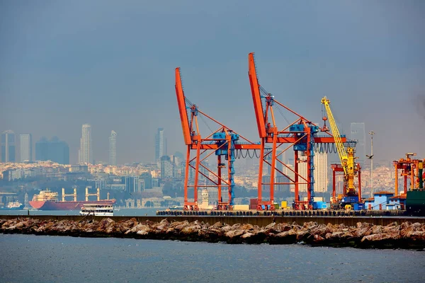 Logistics and transportation of Container Cargo ship and Cargo plane with working crane bridge in shipyard, logistic import export and transport industry background — Stock Photo, Image