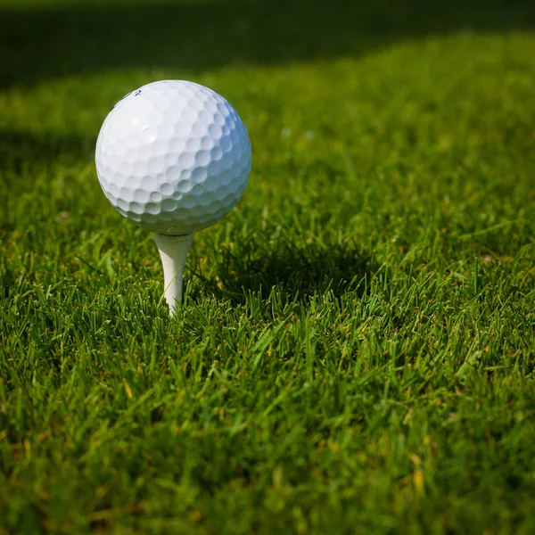 Pelota de golf en una camiseta contra el campo de golf con espacio para copiar —  Fotos de Stock