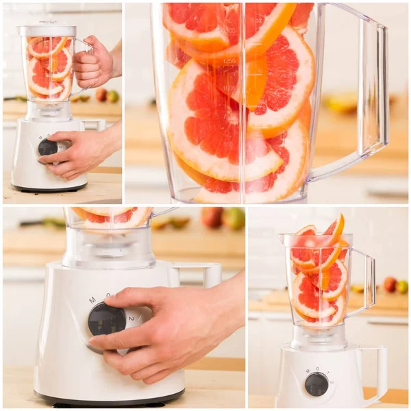 Grapefruit white Blender on a wooden table.