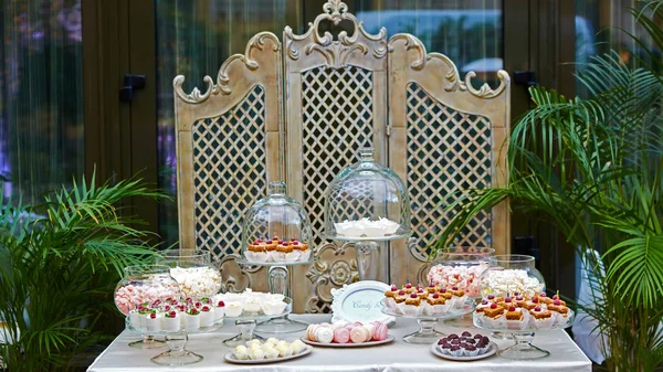 Şeker çubuğu düğün, şeker büfesi, bir düğünde lezzetli çikolata. — Stok fotoğraf