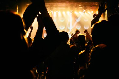 Parlak sahne ışıkları önünde konser kalabalığının siluetleri
