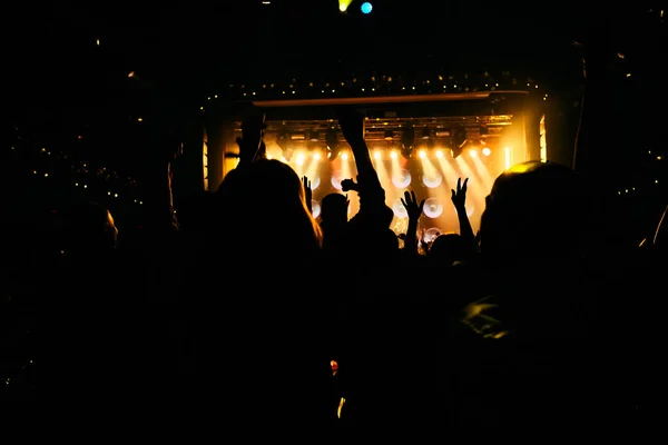 उज्ज्वल चरण रोशनी के सामने कॉन्सर्ट भीड़ के सिल्हूट — स्टॉक फ़ोटो, इमेज