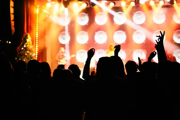 在明亮的舞台灯光前，音乐会人群的轮廓 — 图库照片