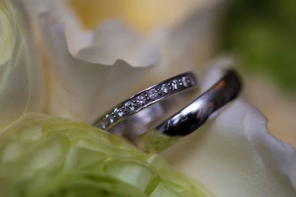 Η γαμήλια ανθοδέσμη και ασημένια δαχτυλίδια. Ρηχά Dof — Φωτογραφία Αρχείου