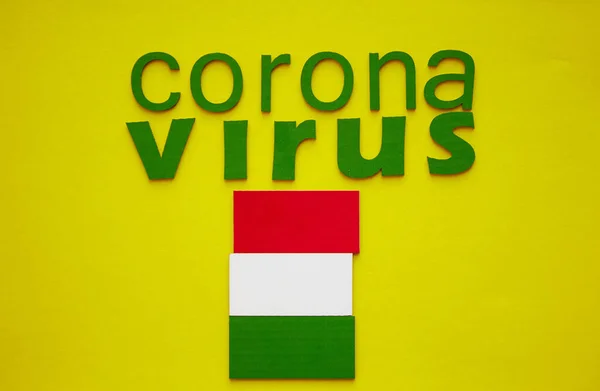 Hungarian Flag Word Coronavirus Made Green Cardboard Letters Isolated Yellow — Stock Photo, Image
