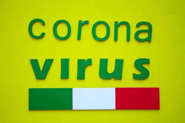 Italian Flag Word Coronavirus Made Green Cardboard Letters Isolated Yellow — Stock Photo, Image