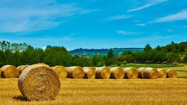Big rolls of straw lying on a mown field after harvesting grain - in august near the town Grinzane Cavour in Province Cuneo, Region Piedmont, northern Italy — Stock Photo, Image