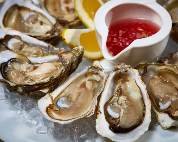 Färska ostron på is med citron på nära håll. Grunt dof. — Stockfoto