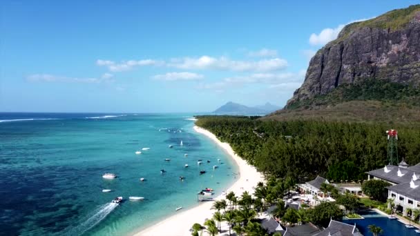 Aerial Flight Paradise Island Palm Tree Moving Boat Mauritius — ストック動画