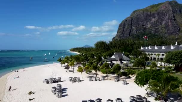 Vzestupný Letecký Snímek Zachycující Mauricijské Pobřeží Písčitou Pláží Palmami — Stock video
