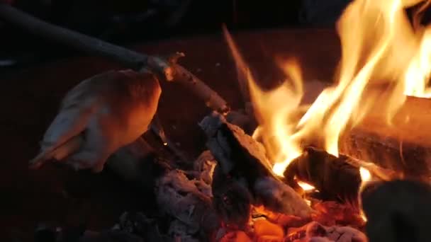荒野の中で熱い炎の上に火のパンを焼くのショットを閉じます — ストック動画