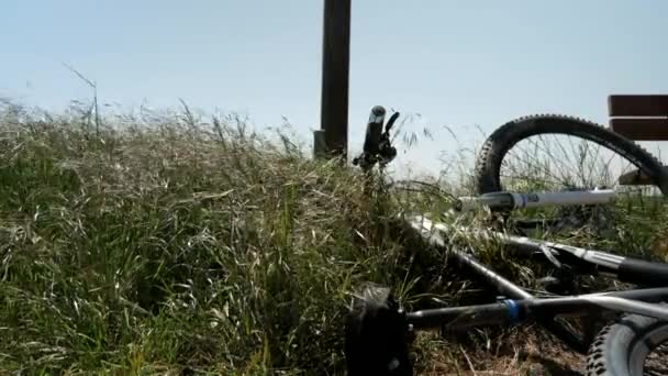 Bicicleta Montesa Deitado Campo Grama Durante Pausa Dia Verão Ventoso — Vídeo de Stock