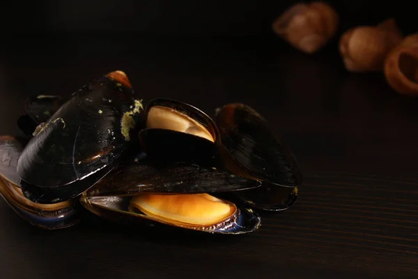Mejillones con conchas sobre fondo negro — Foto de Stock
