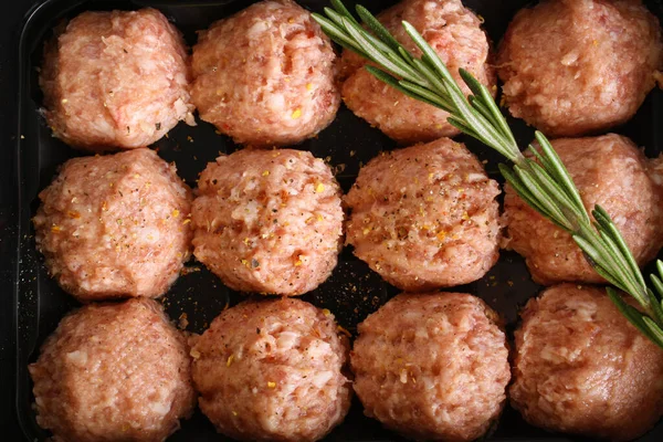 Meatball Forcemeat Beef Pork Wooden Background Rosemary — Stock Photo, Image