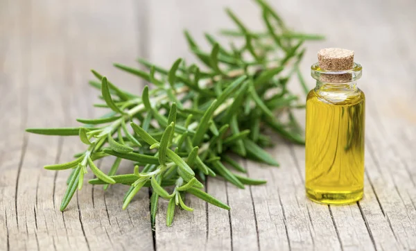 Ingredientes de la medicina natural, hierba de romero y aceite en una botella — Foto de Stock