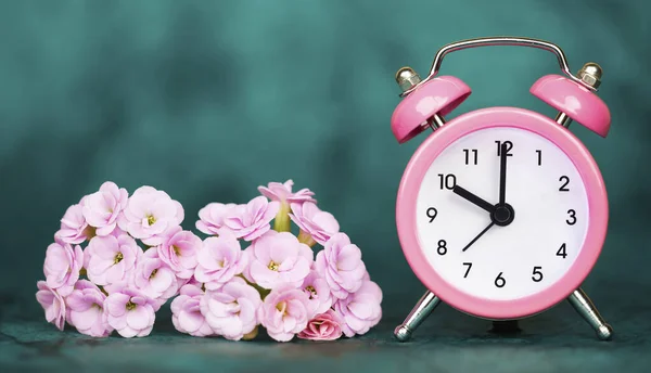 Ροζ Ξυπνητήρι Και Λουλούδια Μπλε Φόντο Άνοιξη Προς Εμπρός Άνοιξη — Φωτογραφία Αρχείου