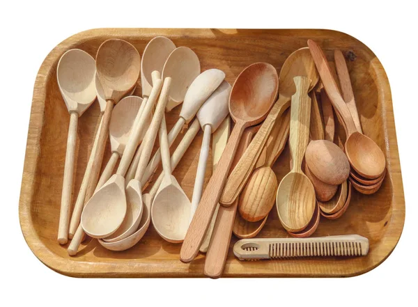Wooden tray with spoons — Stock Photo, Image