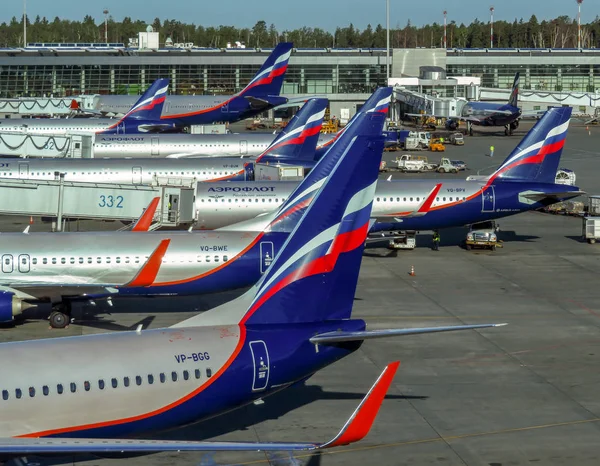 Moskou - een rij van vliegtuigen eigendom van Aeroflot Rechtenvrije Stockfoto's