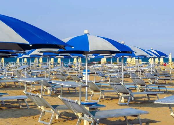 Ρίμινι - λευκό μπλε ομπρέλες και ξαπλώστρες — Φωτογραφία Αρχείου