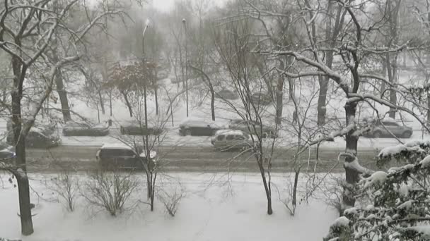 Día Nieve Ciudad Vista Del Tráfico Por Carretera Lapso Tiempo — Vídeos de Stock