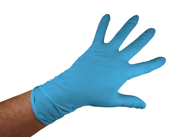 蓝色医用橡胶手套 白色背景隔离 种植途径包括 — 图库照片