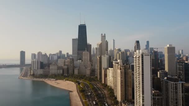Vanuit Lucht Zicht Chicago America Drone Vliegend Naar Wolkenkrabbers Het — Stockvideo