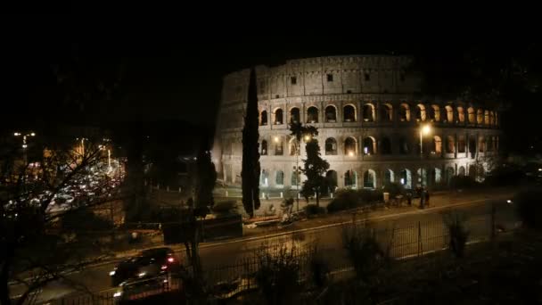 Остановить Движение Видеосъемки Колизея Риме Италия Вечером Вид Дорогу Свет — стоковое видео
