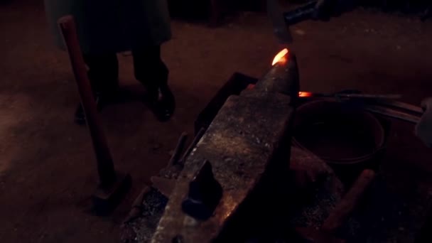 Close View Blacksmith Working Hammer Hot Red Metal Man Making — Stock Video