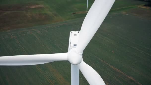 Close Aerial Shot Large Windmill Turbine Spinning Red Blade Stripes — Stock Video