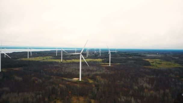 Drone Flying Tilts Windmill Turbine Farm Working Autumn Forest Lake — Stock Video