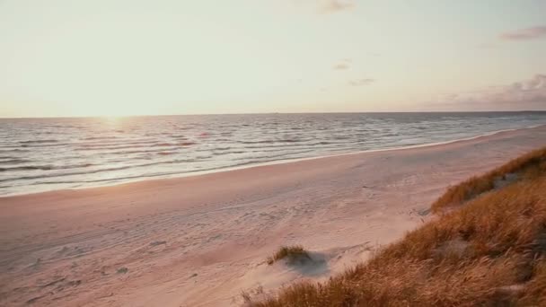Ένα Πανόραμα Της Ροζ Και Μπλε Ηλιοβασίλεμα Στην Ακτή — Αρχείο Βίντεο