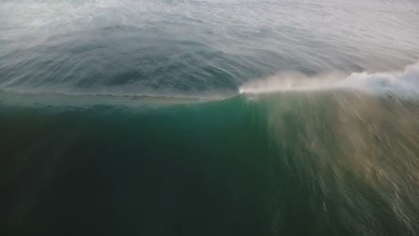 caméra aérienne suit la marée des vagues de l'océan massif se précipitant vers le rivage révélant belle île exotique ensoleillée avec des arbres tropicaux 