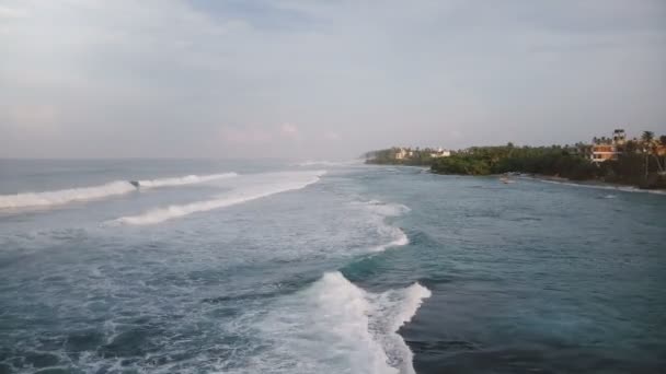 Повітряний Безпілотник Знімає Дивовижні Пінисті Океанічні Хвилі Досягають Ламаються Тропічному — стокове відео