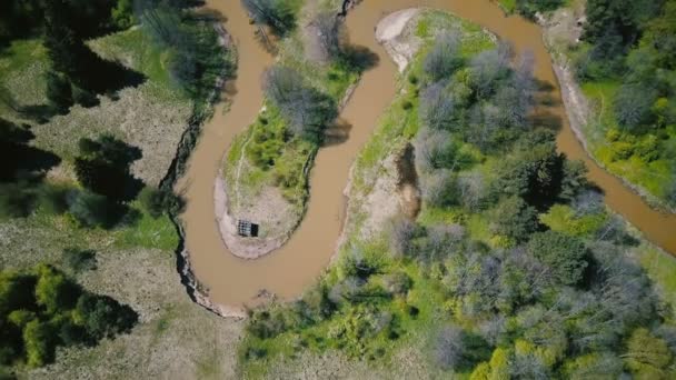Tiro Aéreo Sujo Sinuoso Rio Floresta Aérea Drone Sobrevoo Primavera — Vídeo de Stock