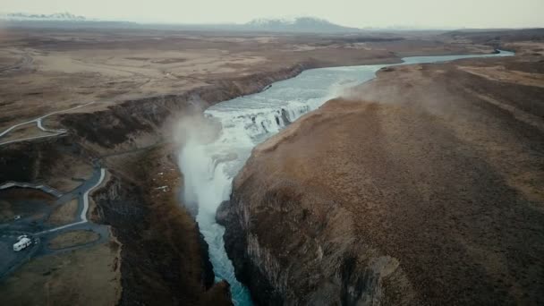 Vista Aérea Paisagem Cênica Iceland Cachoeira Gullfoss Rio Montanha Claro — Vídeo de Stock