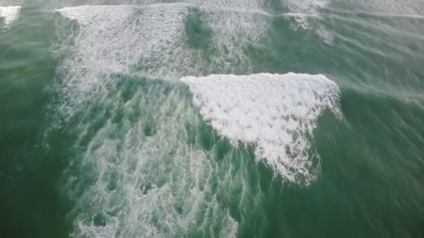惊人的鸟瞰蓝色海浪发泡和碰撞在异国海岸与热带岛屿绿色棕榈树 — 图库视频影像