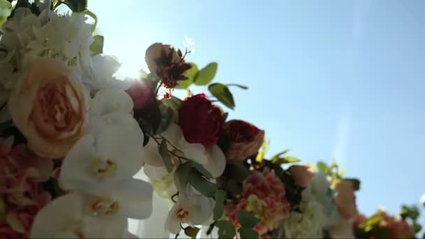 Boog Gedecoreerd Met Verse Bloemen Doek — Stockvideo