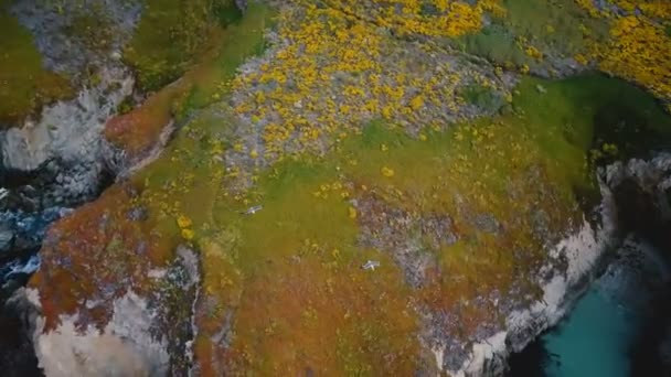 Drone Kamera Pastoral Sinematik Okyanus Kıyısı Kayalıklarla Köpüklü Dalgalar Üzerinde — Stok video