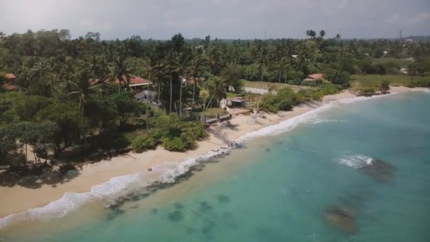 用清澈的蓝水拍打海浪冲刷着海岸 无人驾驶飞机在充满棕榈树的田园诗般的小度假村里飞来飞去 — 图库视频影像