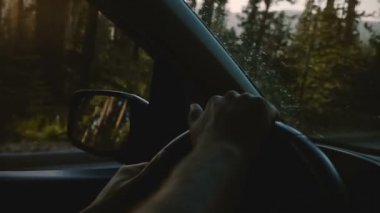 Yosemite yavaş çekimde orman yolunda direksiyon sallayan iki erkeğin yakın çekimi.
