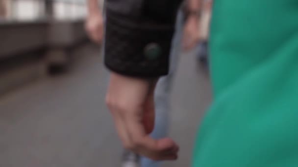 Young Man Woman Meet Each Other Hands Momentarily Touch Close — Stock Video