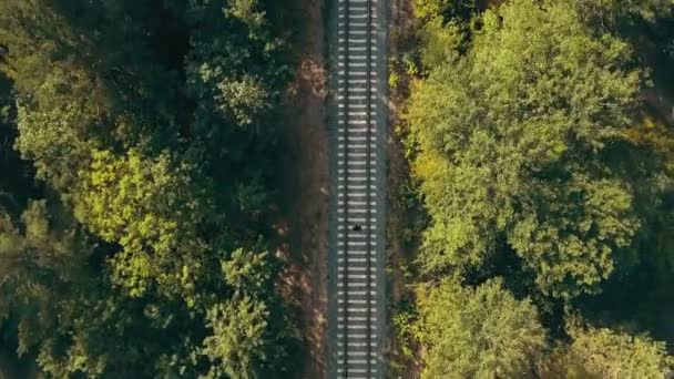 Drone Top View Του Ανθρώπου Που Τρέχει Στις Σιδηροδρομικές Γραμμές — Αρχείο Βίντεο