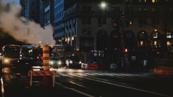 Sera Notte New York Strada Timelapse Vapore Vapore Tubo Occupato — Video Stock