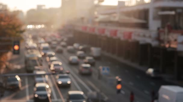 Stad Bij Zonsondergang Bovenaanzicht Van Auto Wazig — Stockvideo