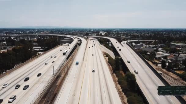 Drone Approaching Large Highway Road Intersection Cars Moving Multiple Level — Stock Video