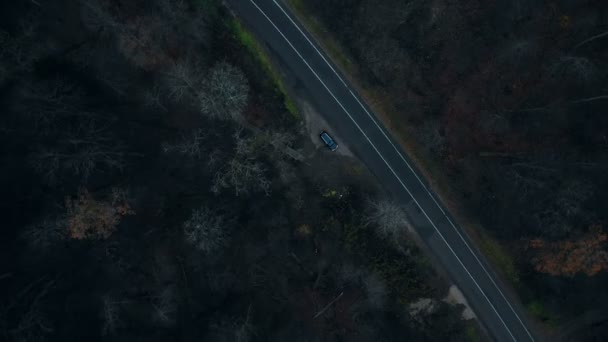 Κορυφή Άποψη Drone Περιστρέφεται Ακριβώς Πάνω Από Μαύρο Αυτοκίνητο Στέκεται — Αρχείο Βίντεο