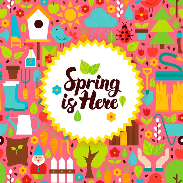 Плоская весна - вот открытка — стоковый вектор